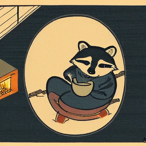 Prompt: little raccoon sitting by a cozy fireplace with a cup of tea. warm color temperature. ukiyo - e,