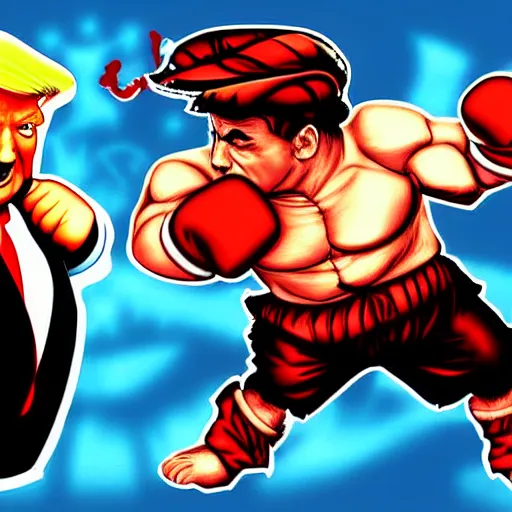 Image similar to xi jinping vs donald trump, street fighter, fight, fistfight, digital art