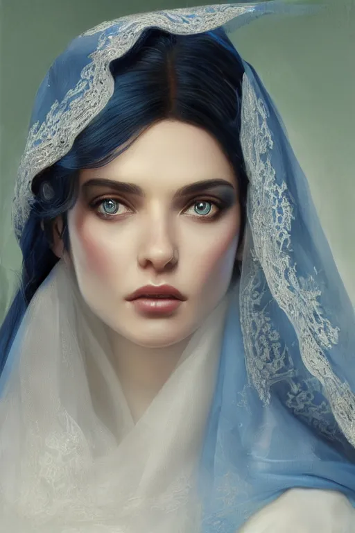 Prompt: ameera al taweel, bright blue eyes, long wavy black hair, white veil, front closeup, cinnamon #b57e59 skin color, highly detailed, centered, oil painting, artstation, concept art by tom bagshaw