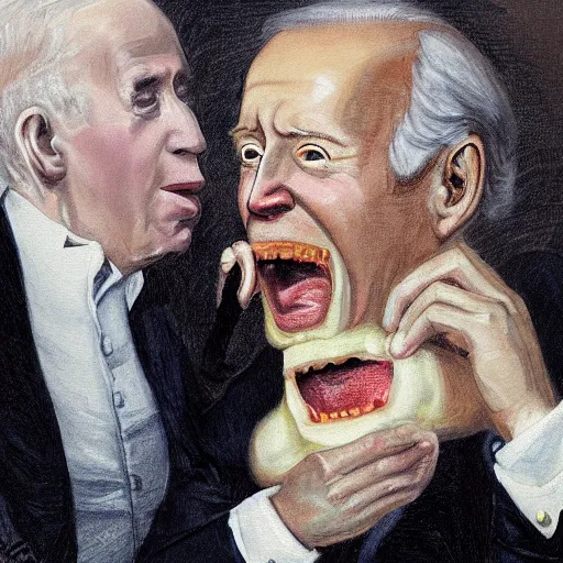 Image similar to painting of Joe Biden devouring Mitch McConnell, by Goya