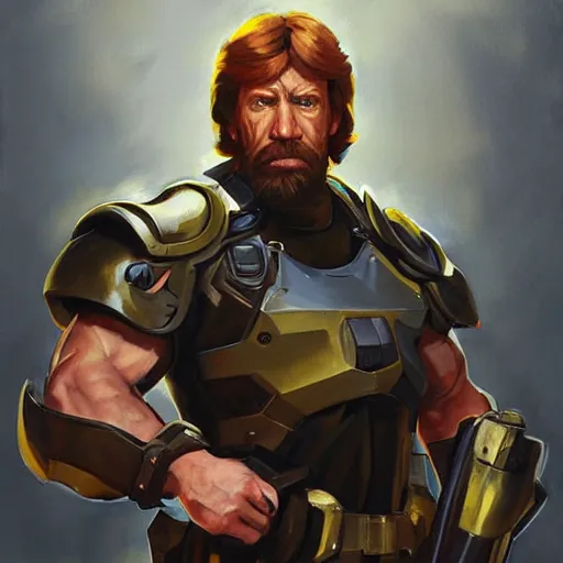 Image similar to greg manchess portrait painting of armored chuck norris as overwatch character, medium shot, asymmetrical, profile picture, organic painting, sunny day, matte painting, bold shapes, hard edges, street art, trending on artstation, by huang guangjian and gil elvgren and sachin teng