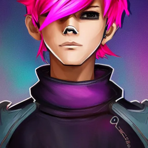 Prompt: a fashion boy with pink hair, overwatch tracer, with a very beautiful symmetrical face, his face has a mask made of gold, behind him is the moon, tanned skin, in art style, high detail, digital painting, surrealism