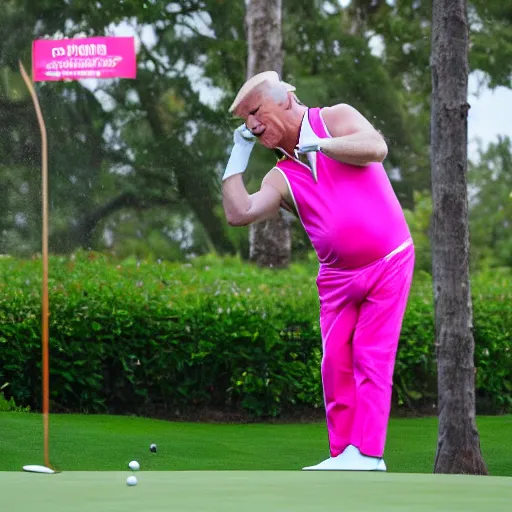 Prompt: donald trump wearing a pink mankini playing golf