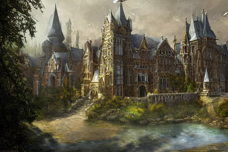 Image similar to A beautiful magical college viewed from the outide, texture, intricate, details, highly detailed, masterpiece, architecture, building, trending on artstation, focus, sharp focus, concept art, digital painting, fantasy, sunny, day, midday, in the style of Wizards of the Coast