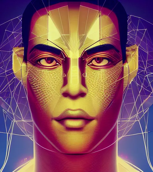 Image similar to symmetry!! egyptian prince of technology, solid cube of light, hard edges, product render retro - futuristic poster scifi, lasers and neon circuits, brown skin man egyptian prince, intricate, elegant, highly detailed, digital painting, artstation, concept art, smooth, sharp focus, illustration, dreamlike, art by artgerm