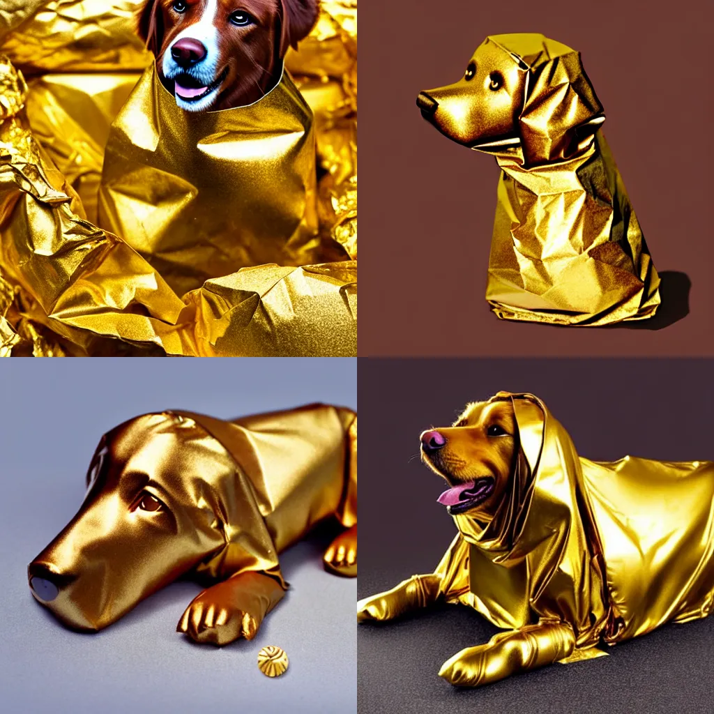 Prompt: A realistic photo of a chocolate sweet shaped like a golden retriever, wrapped in gold aluminum foil, foil is partially unwrapped and torn exposing the chocolate