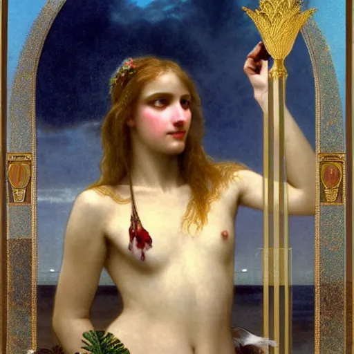 Image similar to Girl with a blood chalice at the palace, thunderstorm, pool, beach and palm trees on the background major arcana sky, by paul delaroche, alphonse mucha and arnold böcklin arnold böcklin hyperrealistic 8k, very detailed