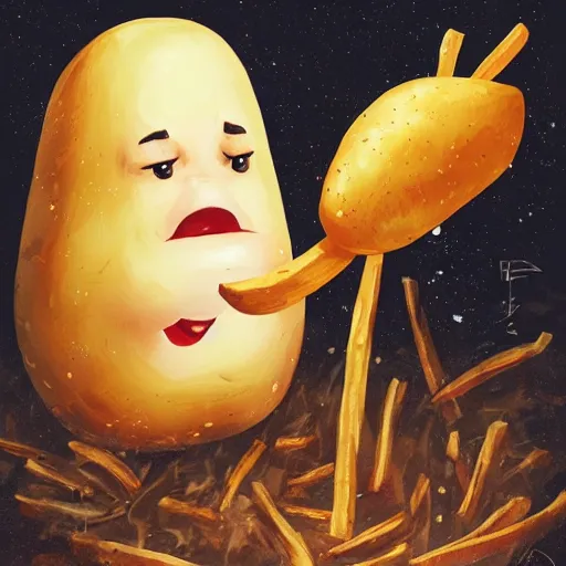 Prompt: A bald middle aged man in a potato costume crying in a bonfire while eating french fries, beside an evil stick of butter monster by Anna dittmann