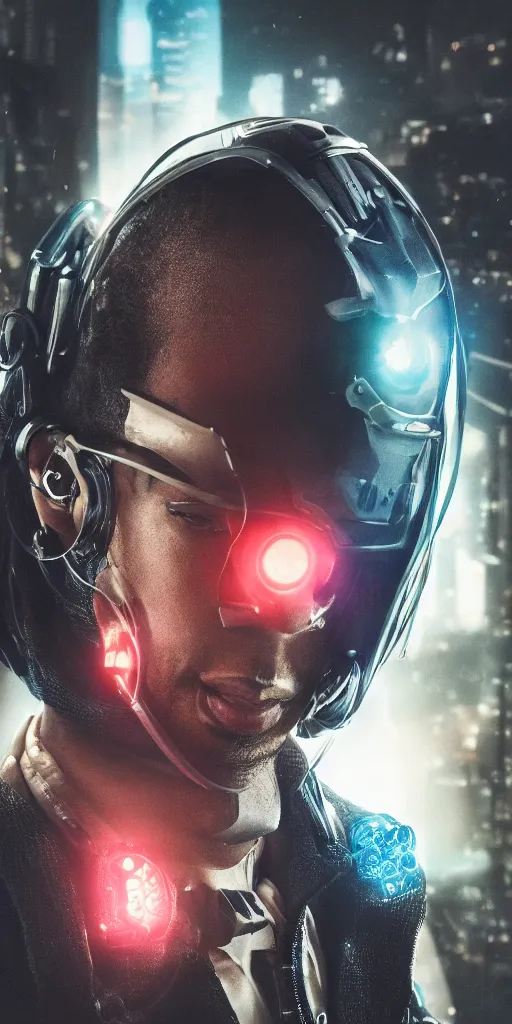 Image similar to hero angle of cyberpunk Ludacris, highly detailed, sharp focus, cyberpunk style, cyborg, futuristic, 8k, 35mm, cinematic lighting