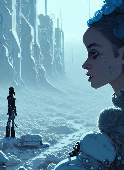 Image similar to highly detailed portrait of wasteland punk long curly white icey shard hair tribal lady, stray wiring by atey ghailan, james gilleard, by joe fenton, by greg rutkowski, by greg tocchini, by kaethe butcher, 4 k resolution, gradient blue, cyan, black and white color scheme!!! ( ( snowy glaciated robotic dystopian city background ) )