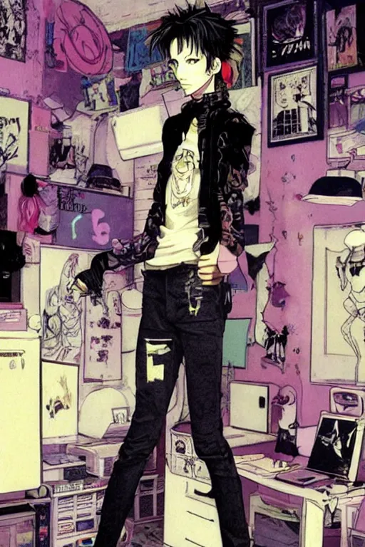 Prompt: a skinny goth guy standing in a cluttered 9 0 s bedroom, full body character concept art, vaporwave colors, hirohiko araki art, inio asano art,