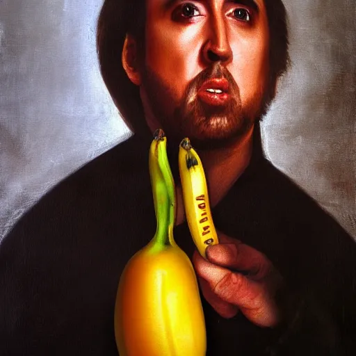 Image similar to highly detailed oil painting of nicolas cage inside of a banana, 4 k, in the style of caravaggio and dali