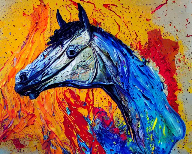 Image similar to abstract expressionist portrait of a horse head made of very thick impasto paint and acrylic pour and coloured powder explosion and splashing paint and dripping paint and flying paint chunks, motion blur, hyperrealistic, intricate art photography, anatomically correct, realistic crisp textures, 1 6 k