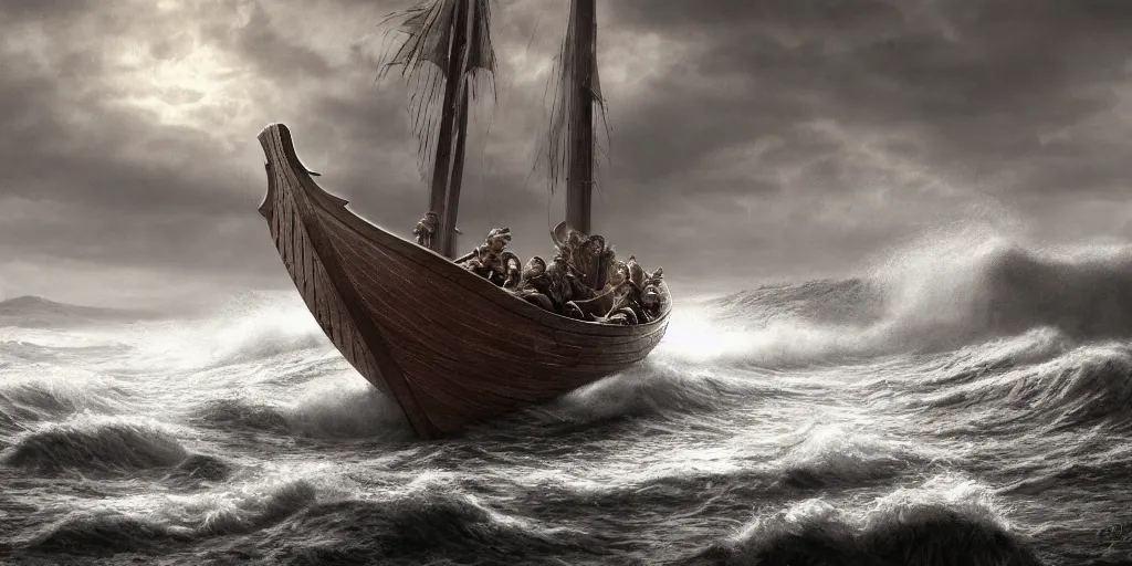 Image similar to a Viking ship, waves, by Ernest deutsch+ Ted Nasmith, dark, cinematic lighting, masterpiece, highly detailed, 8k resolution, trending on art station