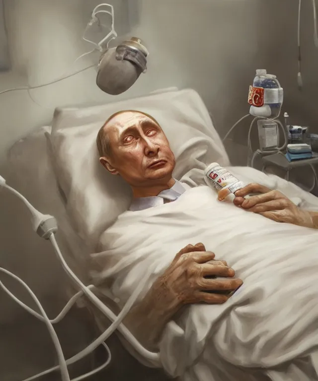 Image similar to hyperrealistic oil painting of very ill Vladimir Putin as a patient wearing an oxygen mask on a death bed inhaling from Copium tank that stand near his bed, clear face, artstation, matte painting, highly detailed, intricate, concept art, dramatic cinematic lighting, octane render, 8k, unreal engine