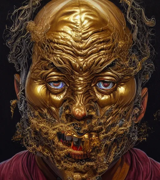 Prompt: portrait, nightmare anomalies, gold by dariusz zawadzki, kenneth blom, mental alchemy, james jean, pablo amaringo, naudline pierre, contemporary art, hyper detailed