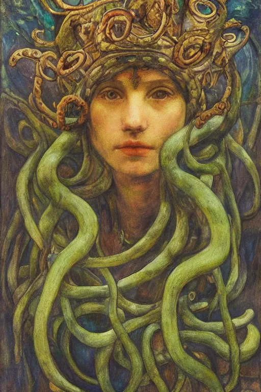 Prompt: the tentacle crown,by Annie Swynnerton and Diego Rivera, symbolist, dramatic lighting, elaborate geometric ornament, Art Brut, bioluminescent, soft blues and greens,smooth, sharp focus, extremely detailed, Adolf Wölfli