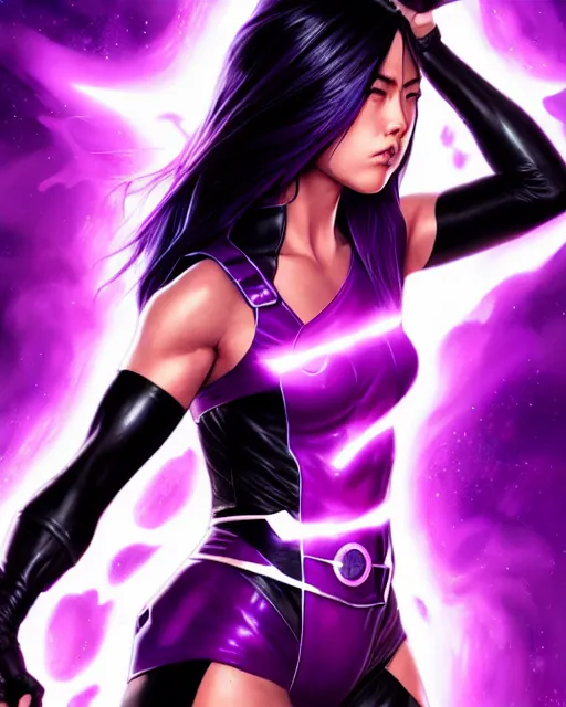 Prompt: Psylocke, Chloe Bennet, long black hair, purple Halo energy sword, realistic character concept, action pose, comic book, illustration, slender symmetrical face and body, artstation, cinematic lighting, hyperdetailed, artgerm, 8k, Rafeal Albuquerque comic book art, single face, insanely detailed and intricate, beautiful