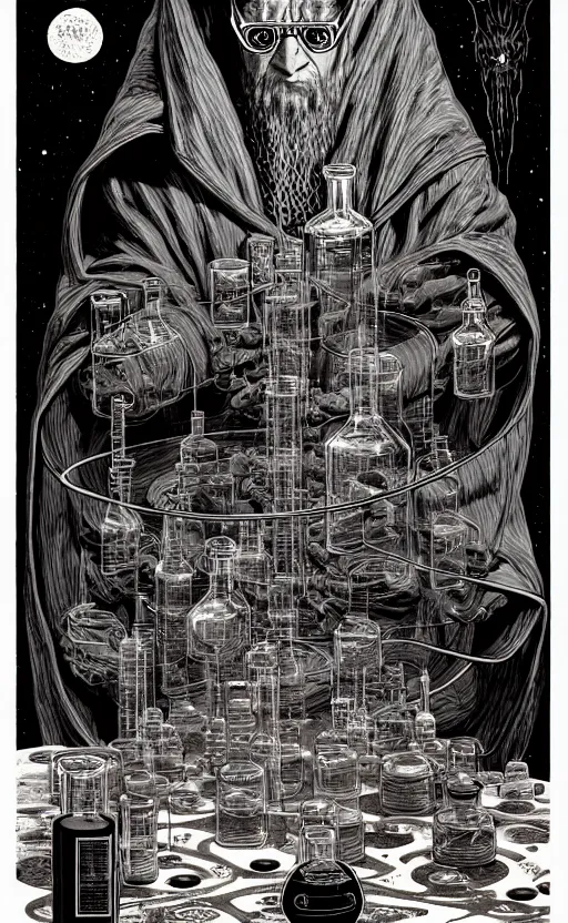 Image similar to ancient cloaked wizards mixing potions in his laboratory, high details, intricately detailed, by vincent di fate, inking, 3 color screen print, masterpiece, trending on artstation,, sharp, details, hyper - detailed, hd, 4 k, 8 k