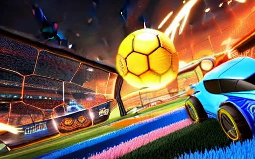 Prompt: rocket league goal, car soccer, ball exploding, dramatic lighting, moody lighting, muted color, 4 k, hq, octane render, dynamic angle, marketing, promotional.