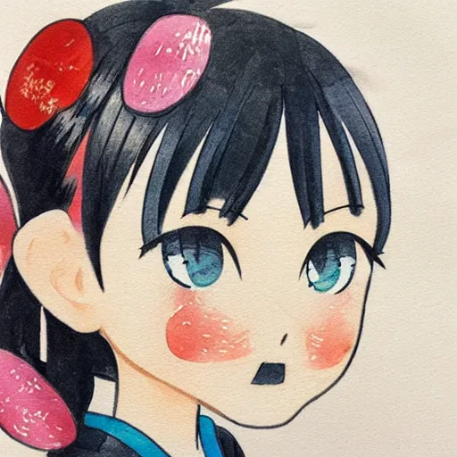 Image similar to beautiful water color concept art of face detailing cute nendoroid girl in the style of ukiyoe , toon rendering, close-up, no shade, modern art, kyoto animation