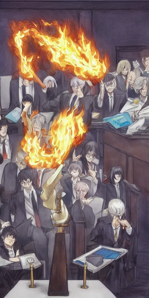 Image similar to powerful anime judge with a magic gavel on fire, in a court room with a scale on his desk, drawn by a famous anime artist, high quality, fine lines, amazing detail. colored