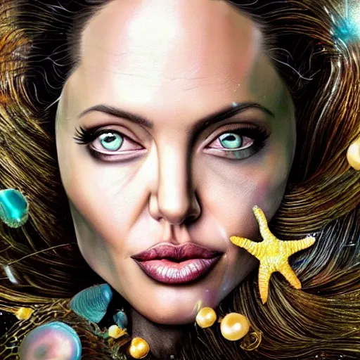 Image similar to “ angelina jolie portrait, fantasy, mermaid, hyperrealistic, game character, underwater,, highly detailed, cinematic lighting, pearls, glowing hair, shells, gills, crown, water, highlights, starfish, goddess, jewelry, realistic, digital art, pastel, magic, fiction, ocean, queen, colorful hair, sparkly eyes, fish, heroic, waves, bubbles ”