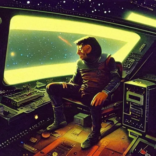 Image similar to digital painting of james holden sitting in the captains chair on a spaceship, art by greg rutkowski, scifi art by bob eggleton, space art by robert mccall, ultradetailed