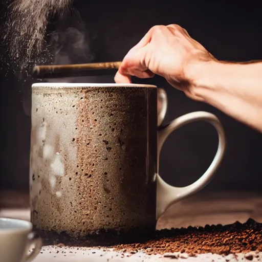 Prompt: stunning award winning photograph of a coffee mug being smashed with a sledgehammer