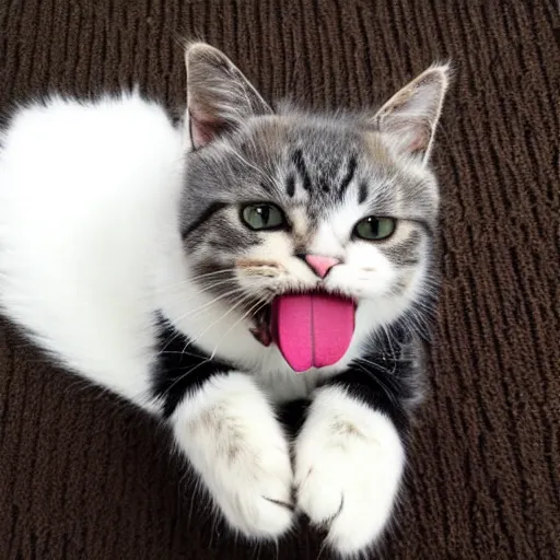 Prompt: cute cat photo licking tongue, wearing wool hat, cat ears