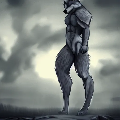 Prompt: muscular anthro wolf, anime, casualwear, grey fur, city night background, field of depth, bokeh, award-winning digital art