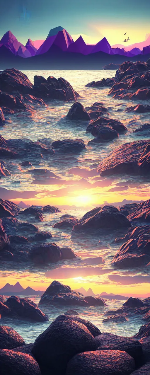 Image similar to super detailed color lowpoly art, northern sunset with rocks on front, monochrome photorealistic bay in the middle of perspective and mountains at background, big graphic ship in the middle of composition, unreal engine, high contrast color palette, 3 d render, lowpoly, colorful, digital art, perspective, robb cobb