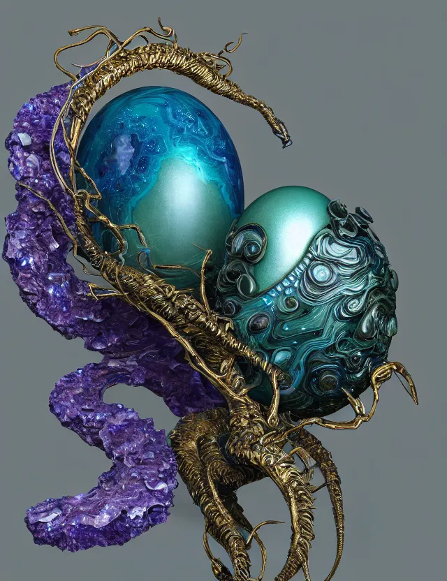 Image similar to a photo of a sculpture a winged serpent child made from blue and emerald and amethyst crystal geode formations encircling a marble egg on a base of obsidian made with liquid gold tendrils flowing by ellen jewett by stanisław szukalski, octane render, recursive, tendrils, elestial crystals, geode, refracted light