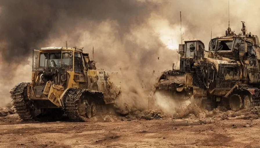 Prompt: big budget movie about the killdozer splattered in blood