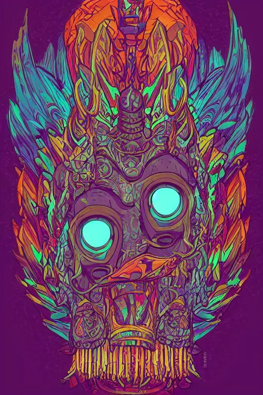 Image similar to animal mask totem roots tribal feather gemstone plant wood rock shaman vodoo video game vector illustration vivid multicolor borderlands comics by josan gonzales and dan mumford radiating a glowing aura