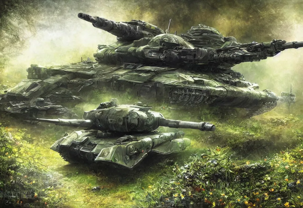 Prompt: shiny futuristic military tank, fertile green forest environment with flowers and fantastic animals, fantasy art, scifi art, airbrush