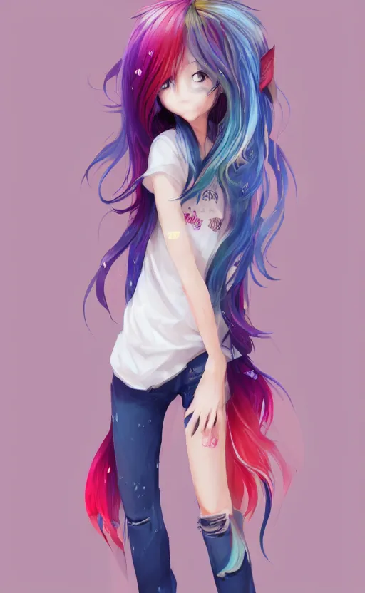 Image similar to a kawaii woman with rainbow hair, soft eyes and narrow chin, dainty figure, long hair straight down, kawaii shirt and jeans, basic white background, In style of by Jordan Grimmer and greg rutkowski, crisp lines and color