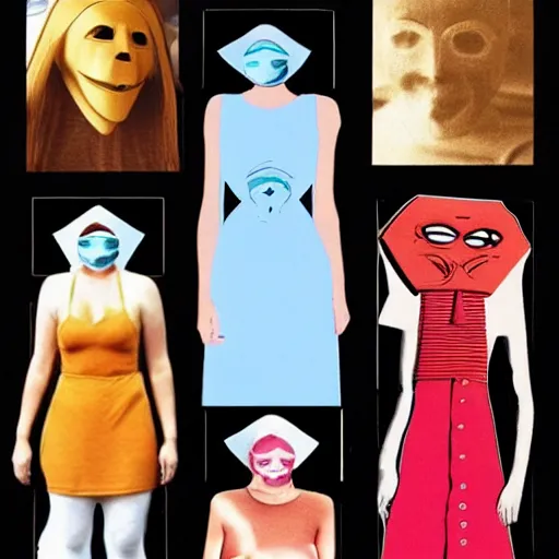 Image similar to a collage age women. wearing cult mask. skinny. sun dress.
