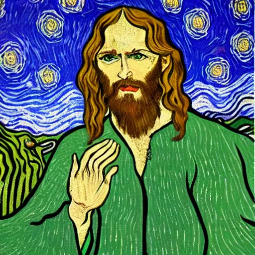 Image similar to jesus spreads his hands against the background of growing cannabis. an oil painting in the style of van gogh