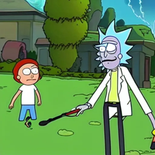 Image similar to rick and morty mowing the lawn