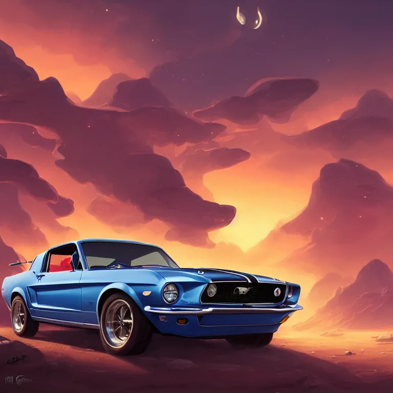 Image similar to wide view of a 1 9 6 8 mustang driving down a country road, coriolios rpg art style, full of details, warm sunset colors, matte painting, artstation, 8 k, hyperrealistic, style of peter mohrbacher, album cover