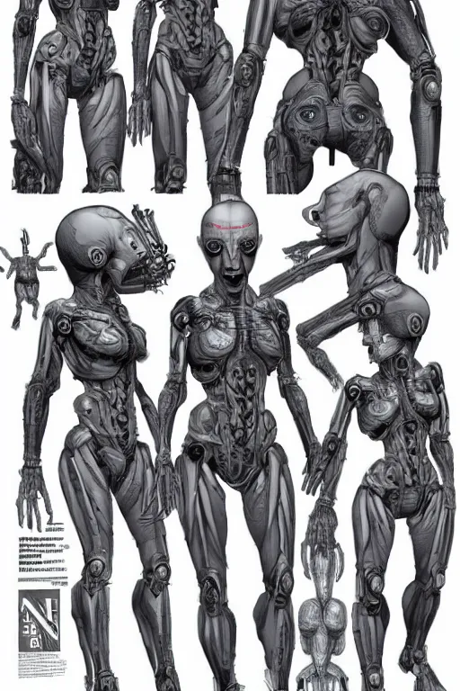 Image similar to cyborg mutant with gunmetal grey skin, medical anatomy, very symmetrical face, highly detailed, japanese mecha implants, three - perspective / three - view reference sheet ( front / back / side ), in the style of dan ouellette, dren from splice, hr giger, sil from species, artstation, unreal engine