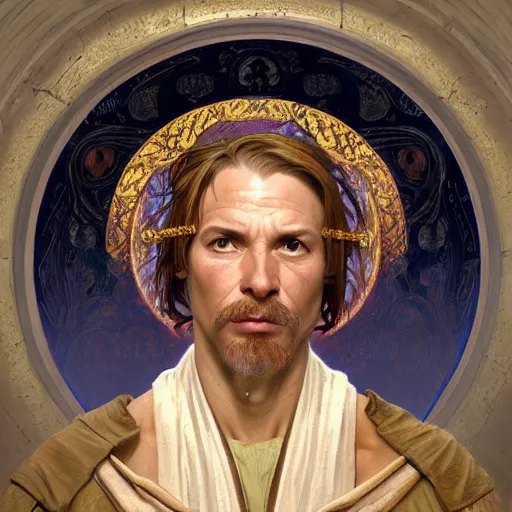 Image similar to portrait of a medieval peasant with a divine halo, intricate, headshot, highly detailed, digital painting, artstation, concept art, sharp focus, cinematic lighting, illustration, art by artgerm and greg rutkowski, alphonse mucha, cgsociety