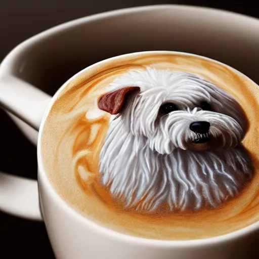 Image similar to a closeup photorealistic photograph of barista drawing bichon frise shaped latte art in a cup. professional capture, well lit shot. this 4 k hd image is trending on artstation, featured on behance, well - rendered, extra crisp, features intricate detail, epic composition and the style of unreal engine.