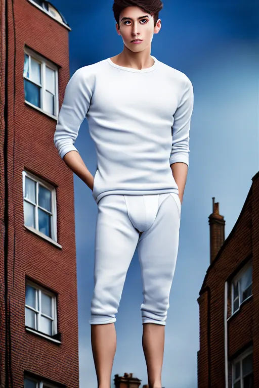 Image similar to un ultra high definition studio quality photographic art portrait of a young man standing on the rooftop of a british apartment building wearing soft padded silver pearlescent clothing. three point light. extremely detailed. golden ratio, ray tracing, volumetric light, shallow depth of field. set dressed.