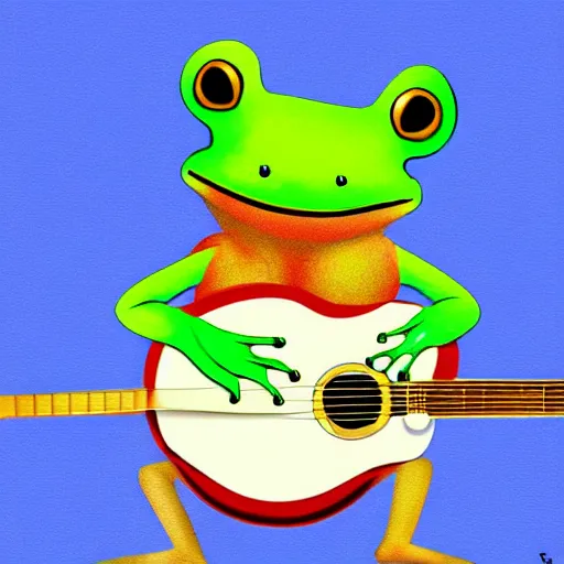 Image similar to cute frog playing on guitar, digital art, sombrero, blue background