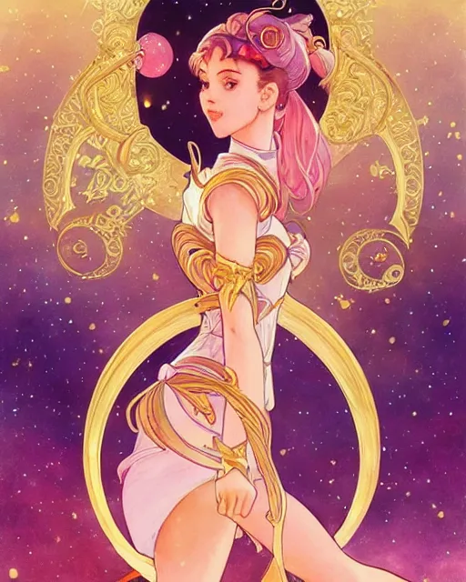 Image similar to sailor moon dancing with crescent moon background, highly detailed, gold filigree, romantic storybook fantasy, soft cinematic lighting, award, sisney concept art watercolor illustration by mandy jurgens and alphonse mucha and alena aenami, pastel color palette, featured on artstation