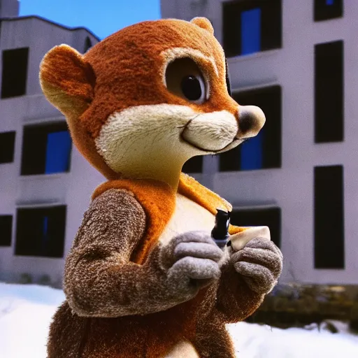 Image similar to realistic macro photo of Chip and Dale smoking, winter, brutalist houses at the background