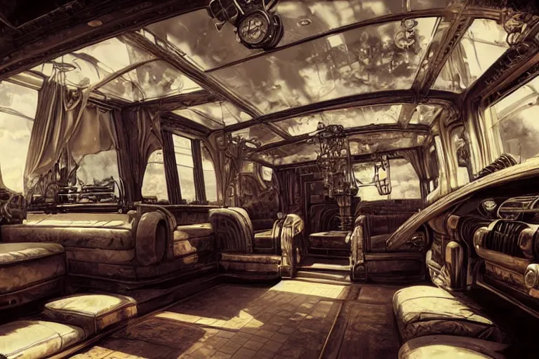 Image similar to interior of a steampunk limousine, pretty women having fun, luxury, 3d scene, render, ultra realistic, zenith view, Greg Rutkowski, artstation, cgsociety, level design, unreal engine, 3d scene, render, ultra realistic, zenith view, Milo Manara, Frank Frazetta, joe madureira