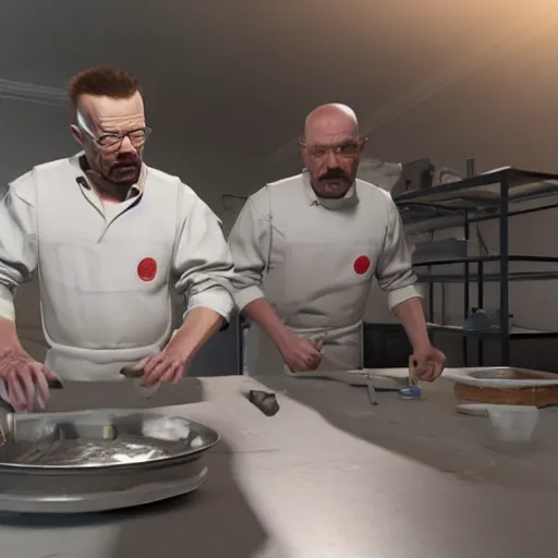 Prompt: Walter white and Elon musk cooking meth. 8k ultra realistic, award winning, unreal engine 5, masterpiece, atmosphere glow, hyperrealistic, focused, extreme details, cinematic